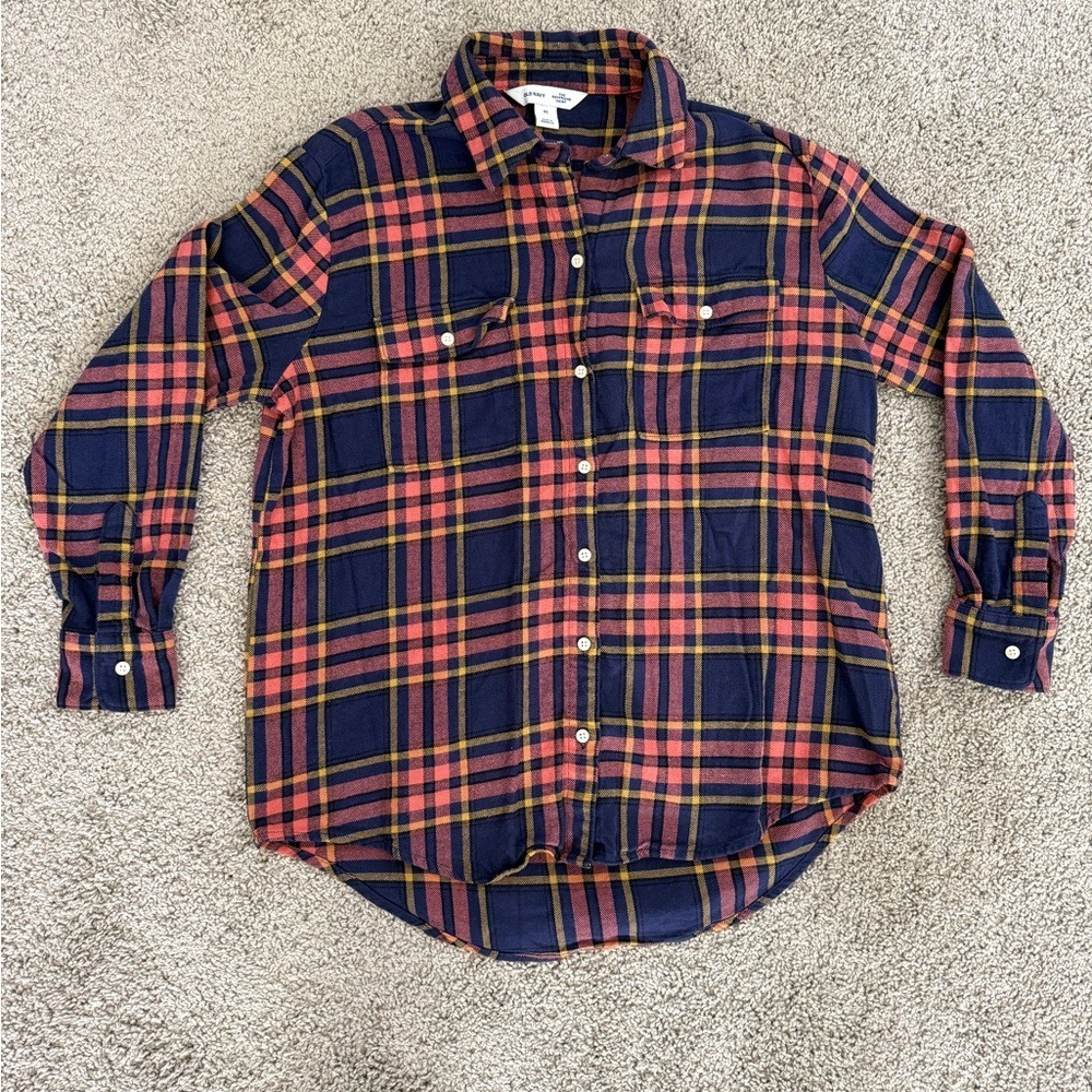 Old Navy Boyfriend Flannel Navy Coral Yellow Plaid Long Sleeve Button Up Size XS